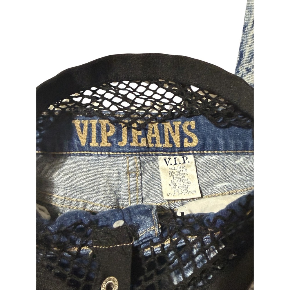 VIP Jeans Blue Acid Wash Distressed Fishnet Waistband 32" Women Grunge Stretch - Picture 4 of 7